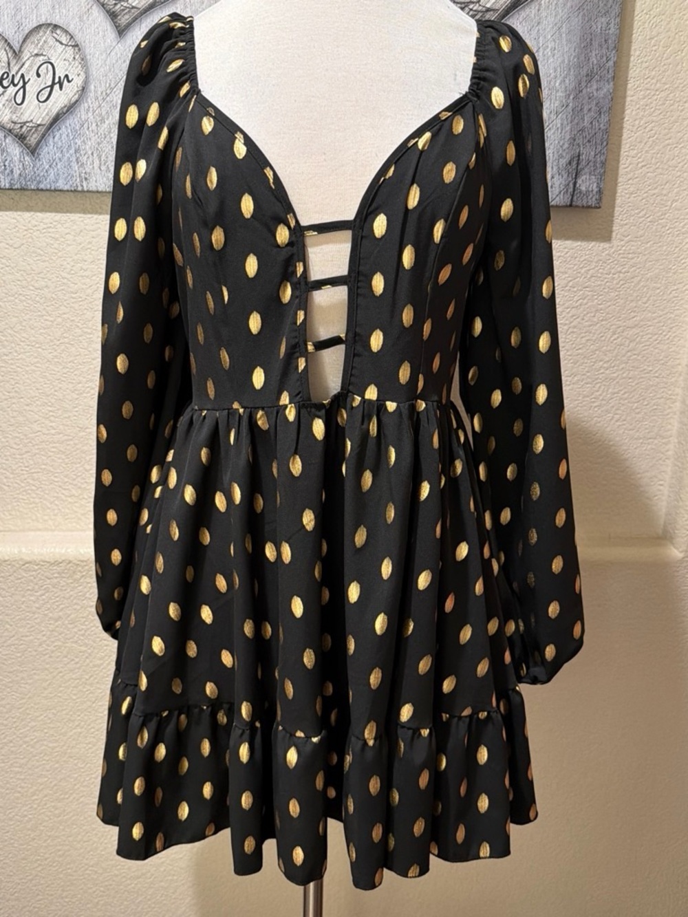 SHEIN Black Mini Dress with Gold Polka Dots - Long Sleeve